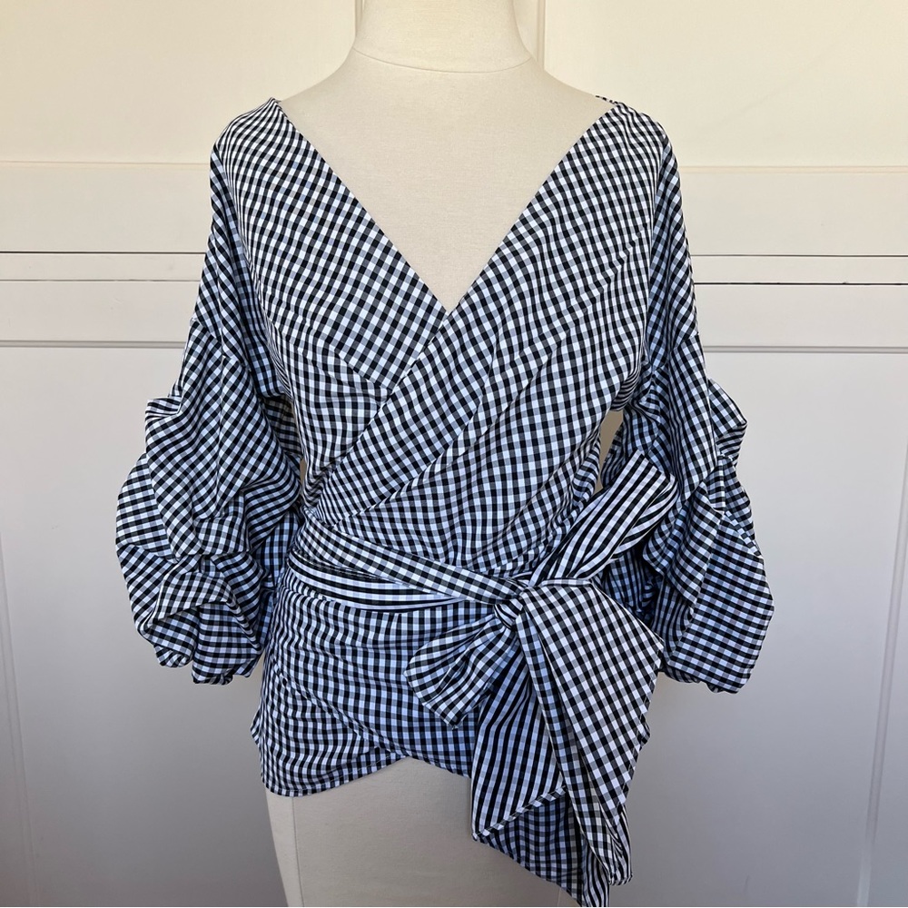 CHICWISH Black and White Gingham Wrap Top XS - Picture 3 of 12